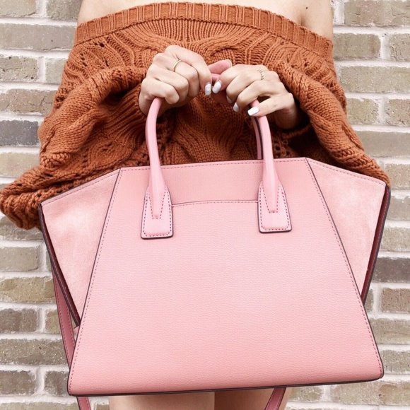 Michael Kors Avril Large Top Zip Satchel Shoulder Crossbody Bag Pink Rose Suede - Picture 3 of 6